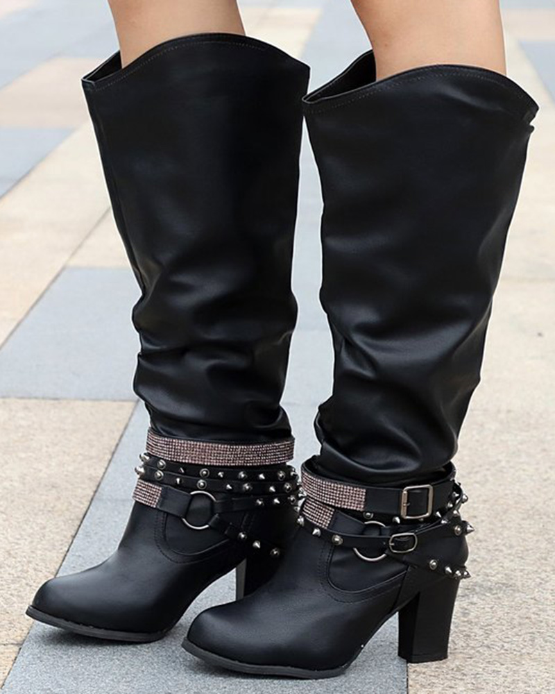 

Ruched Rhinestone Decor Studded Buckled Boots, Black