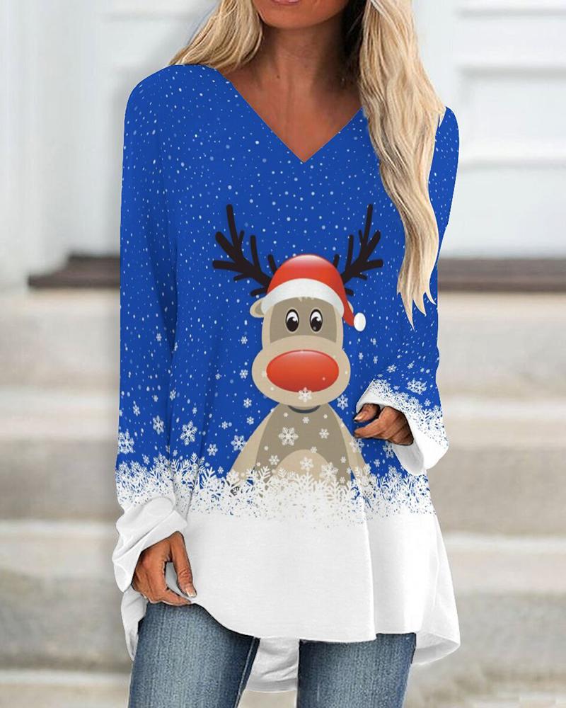 

Christmas V-Neck Elk Snowflake Print Top, Blue