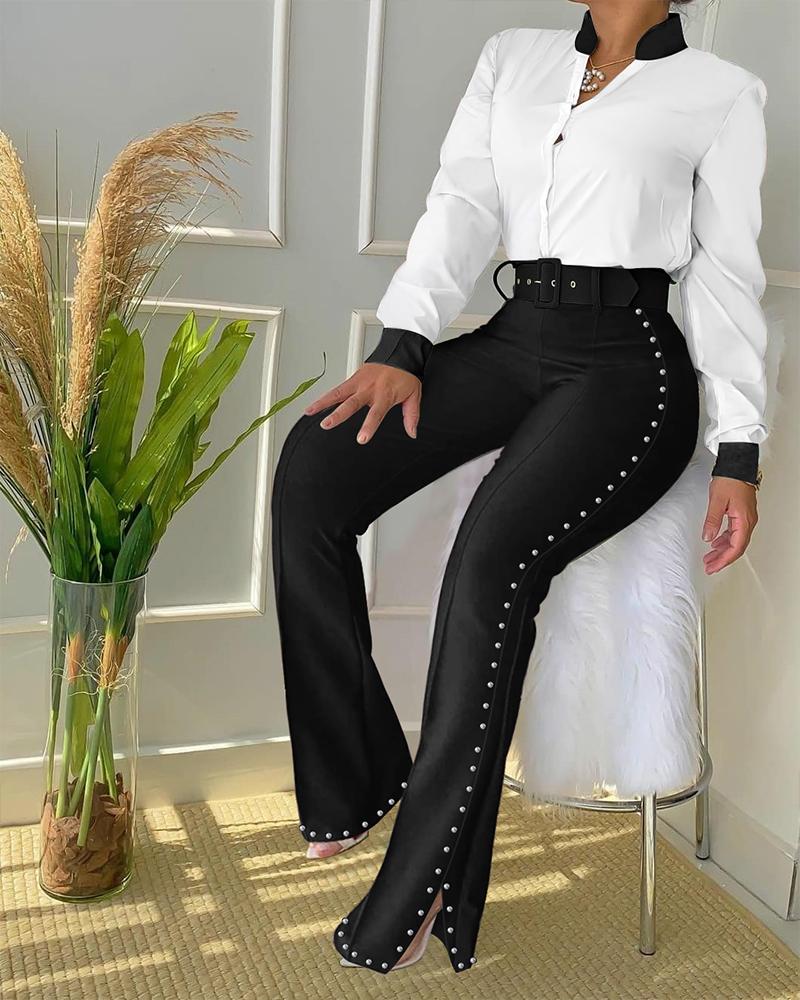 

Button Down Shirt & Beaded Split Hem Pants Set, Blackwhite