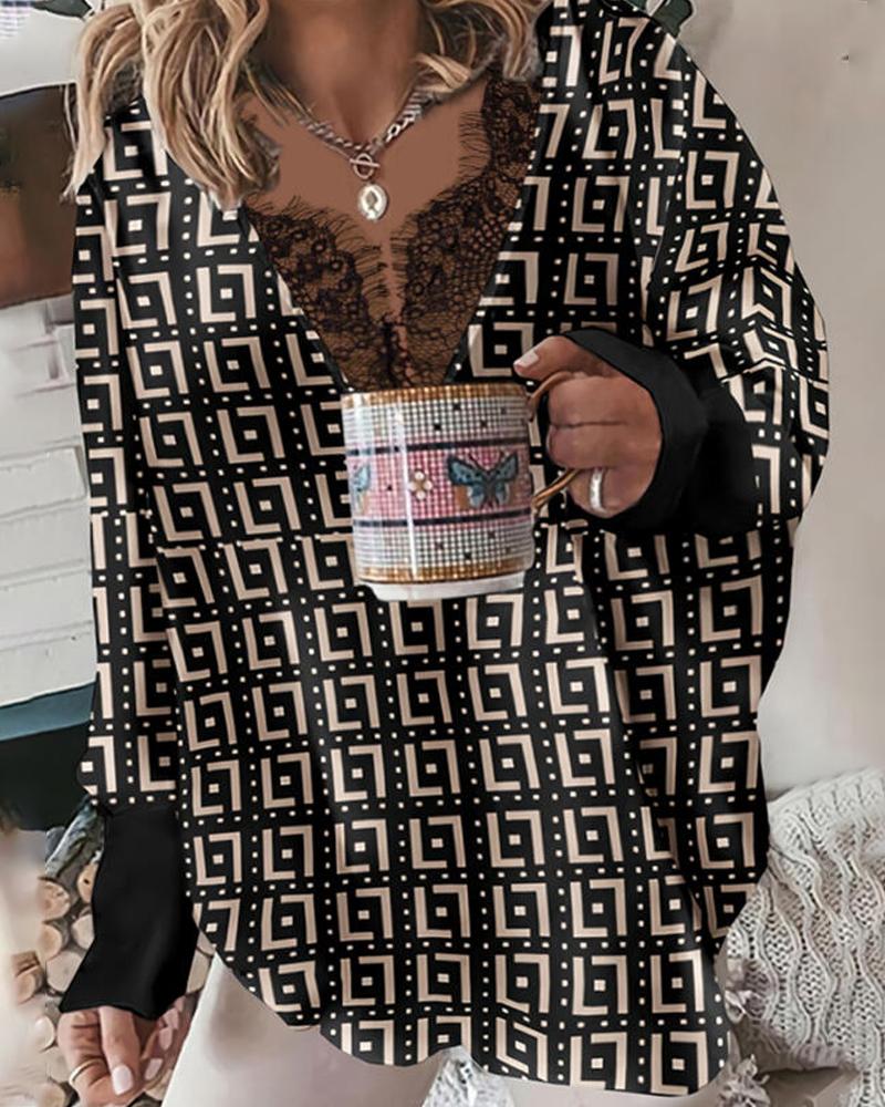 

Geometric Print Contrast Lace Long Sleeve Top, Black