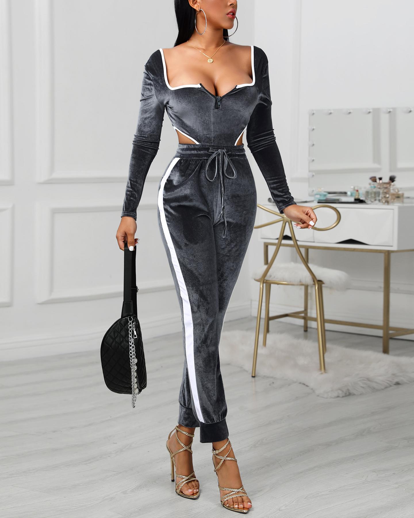 

Colorblock Zipped Drawstring Design Backless Jumpsuit, Gray