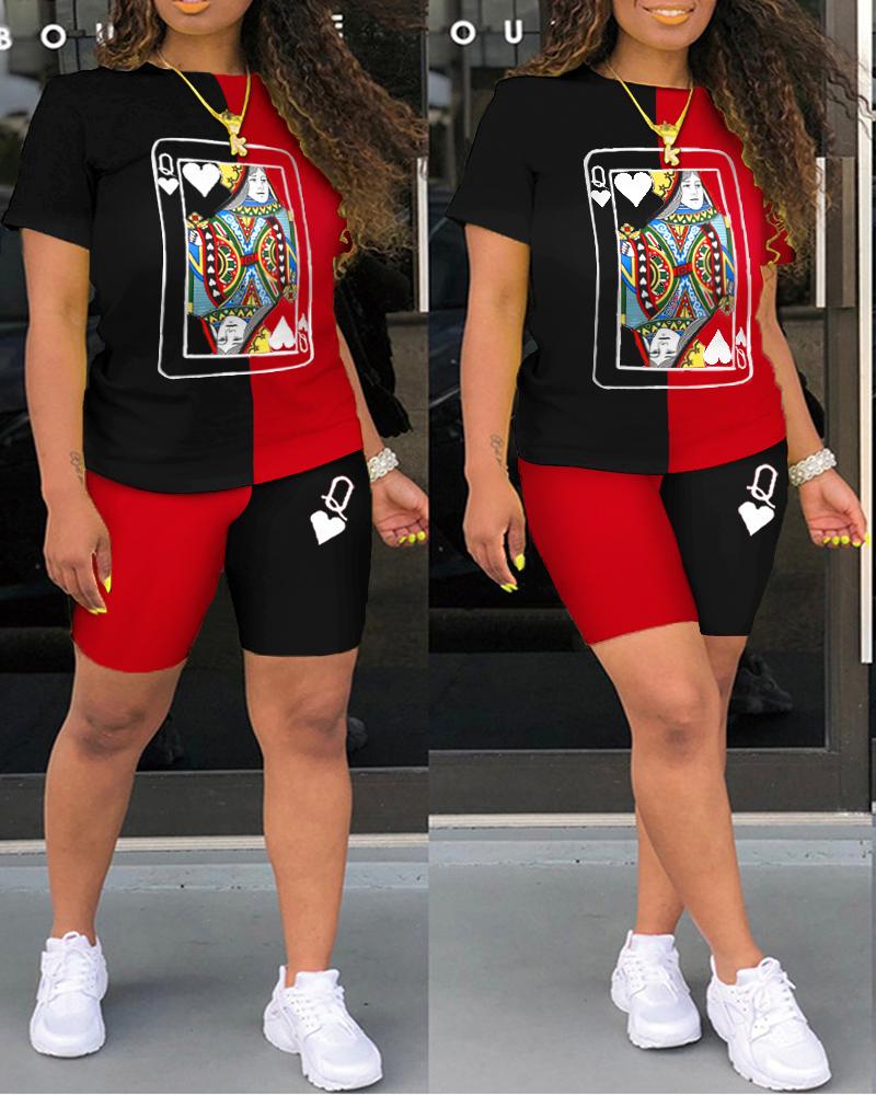 

Colorblock Poker Print Short Sleeve Top & Shorts Set, Red