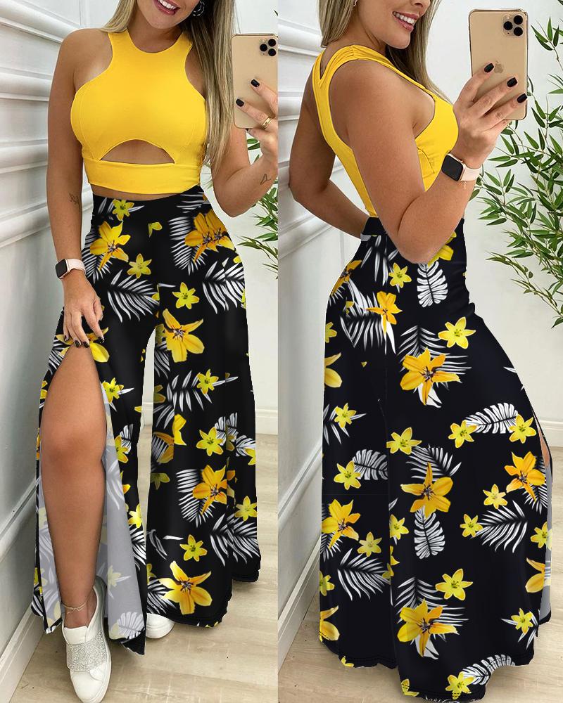 

Cutout Tank Top & Tropical Print Slit Pants Set, Yellow