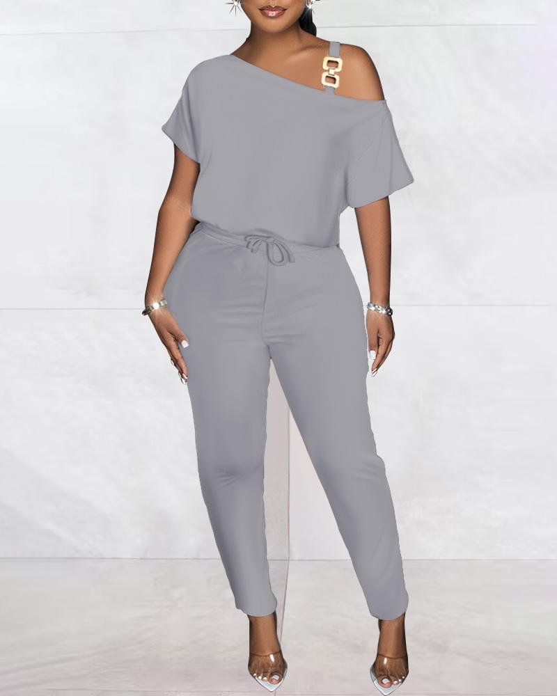

Cold Shoulder Drawstring Chain Decor Jumpsuit, Gray