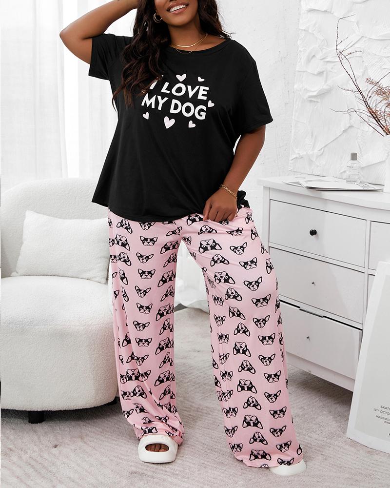 

Plus Size I Love My Dog Puppy Print Wide Leg Pajamas Set, Black