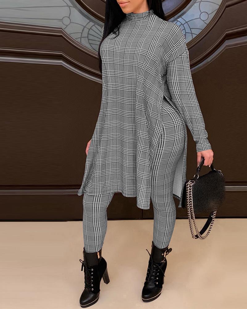 

Houndstooth Slit Top & High Waist Pants Set, Gray