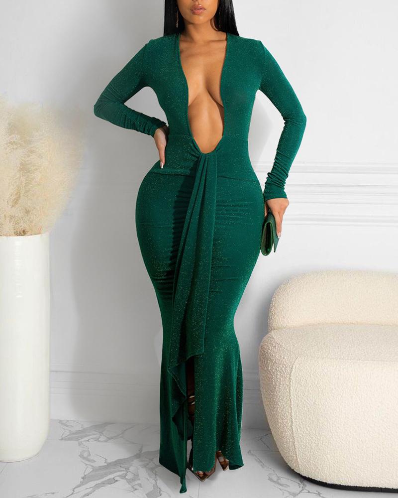 

Long Sleeve Plunging Neck Glitter Mermaid Dress, Green