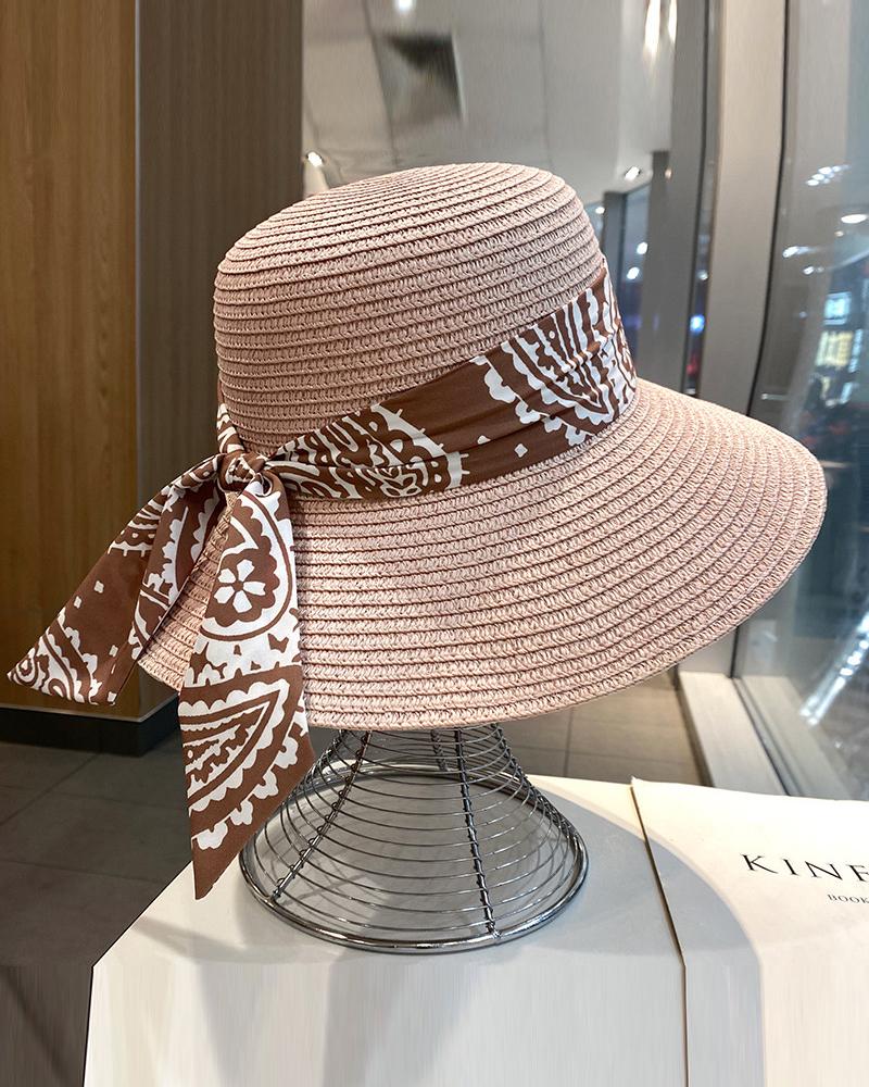 

Tribal Print Bow Decor Straw Hat, Pink