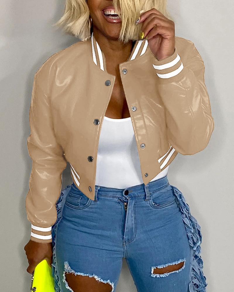 

Contrast Paneled Long Sleeve PU Leather Bomber Jacket, Khaki