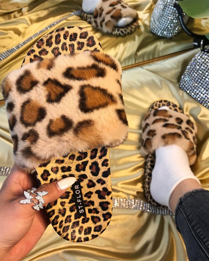 

Zebra Stripe Print Fluffy Upper Round-toe Open-toe Flat Sandals, Leopard