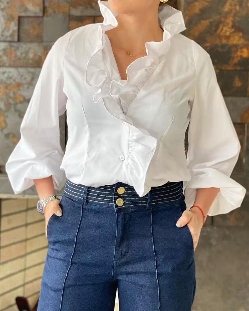 

Lantern Sleeve Ruffle Hem Button Front Shirt, White