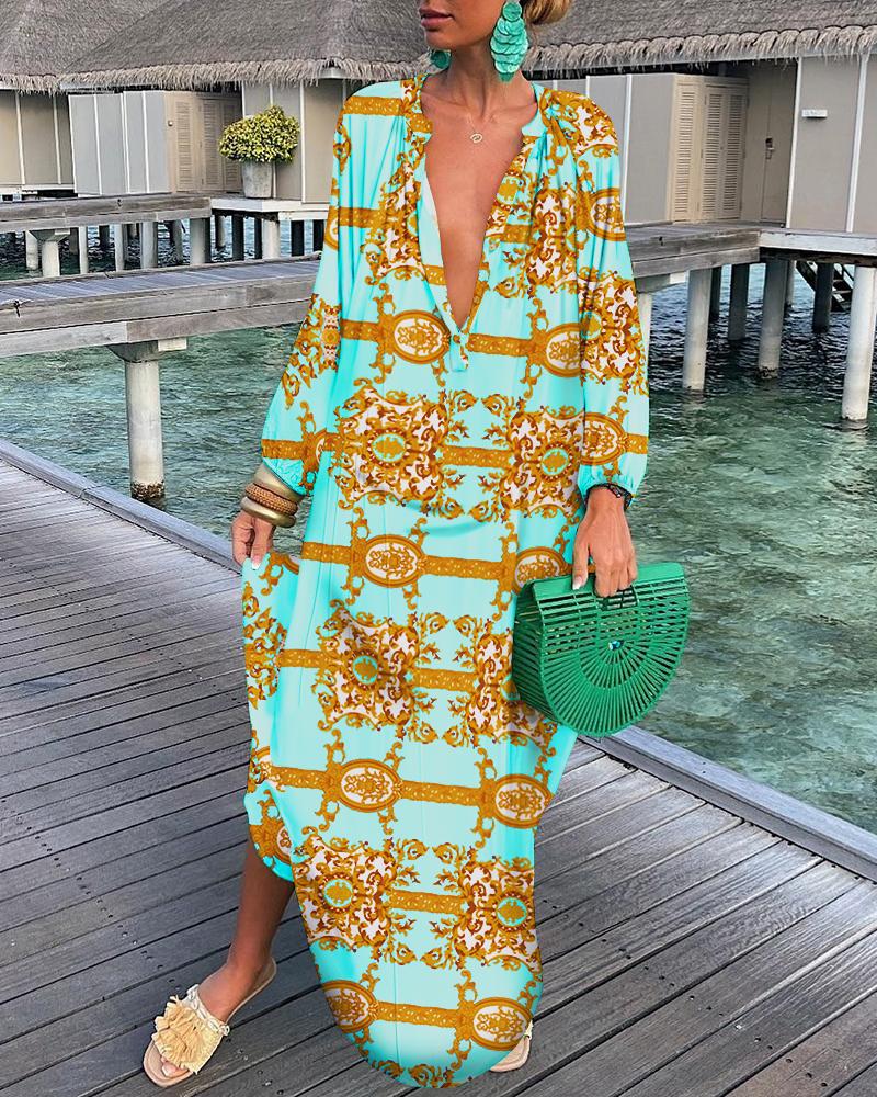 

Baroque Print Button Front Long Sleeve Shirt Dress, Multicolor