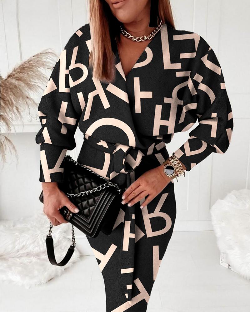 

Letter Print Lantern Sleeve Belted Wrap Sweatshirt Dress, Black