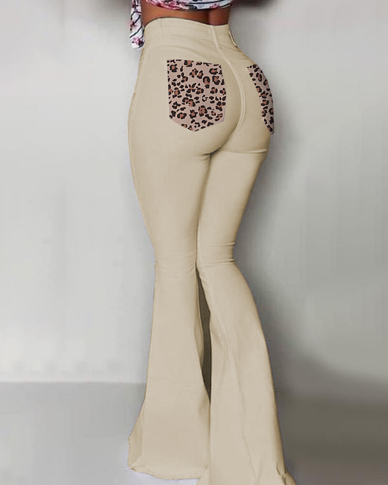 

Cheetah Print Pocket Patch High Waist Bootcut Pants, Khaki