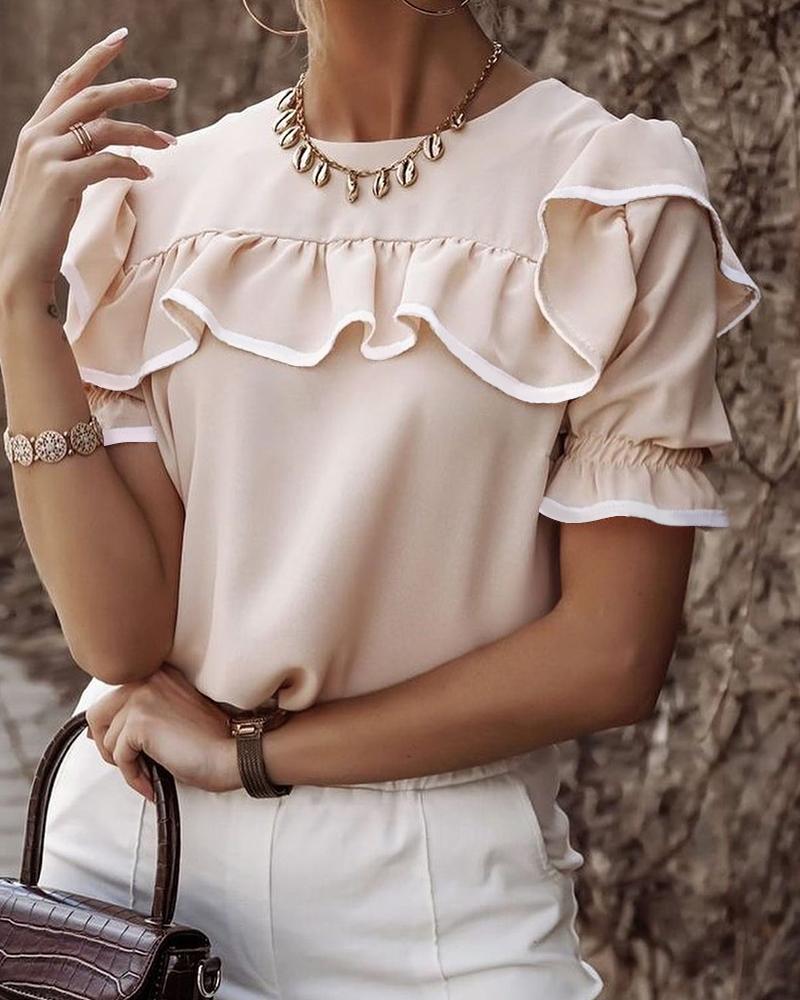 

Solid Color Frill Hem Short Sleeve Shirt, Pink