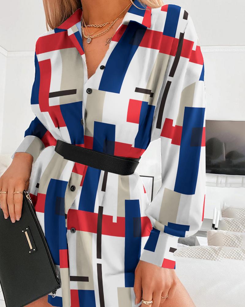 

Geo Print Long Sleeve Button Down Shirt Dress, Multicolor