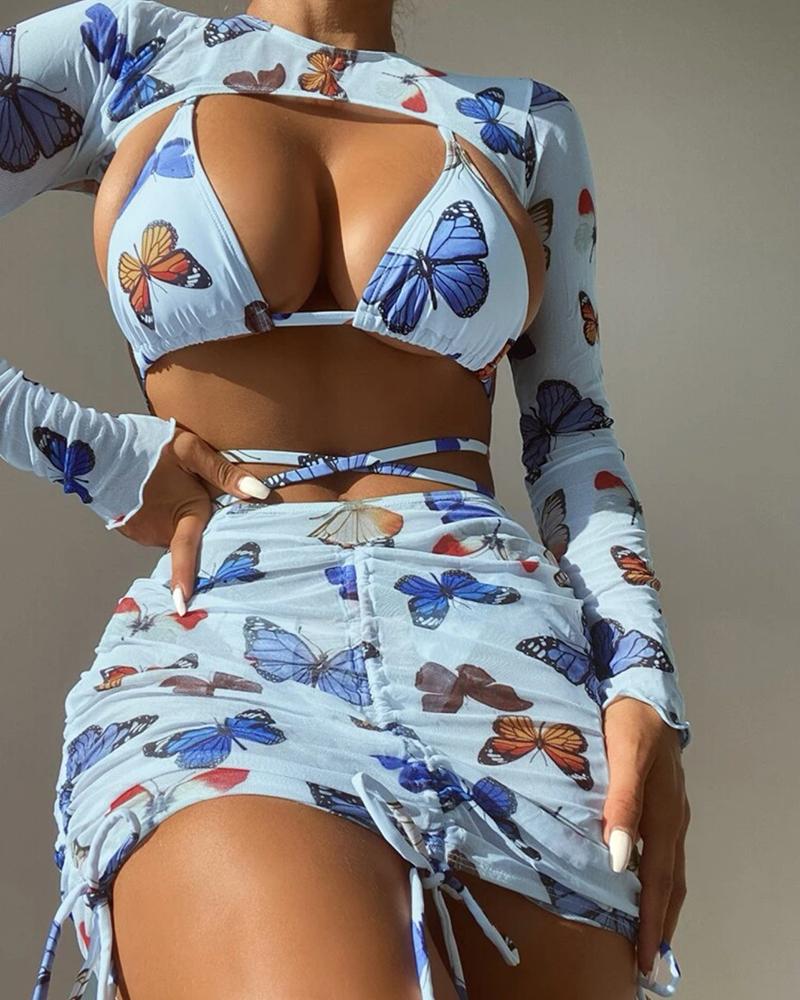 

4PCS Butterfly Print Halter Bikini Set & Crop Top & Skirt Set, Blue