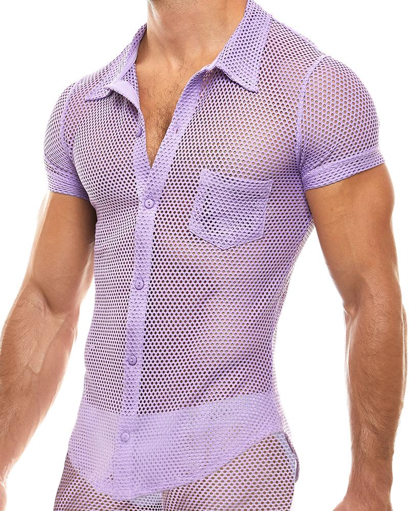 

Sexy Solid Color Fishnet Short Sleeve T-shirt With Short Pants Suit Sets, Purple