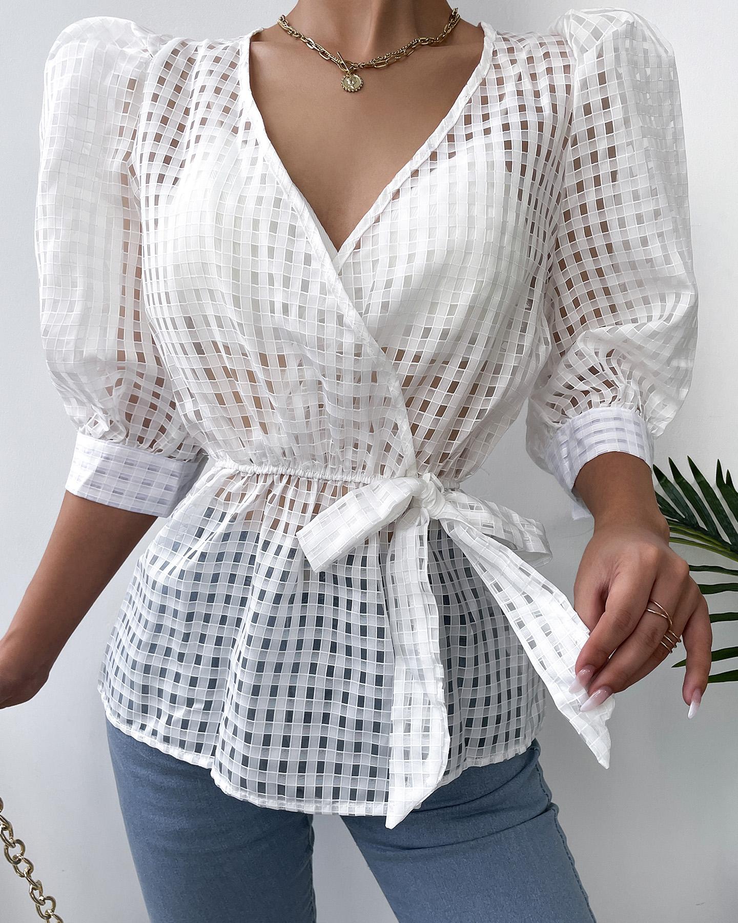 

Plaid Sheer Mesh Puff Sleeve Tied Detail Top, White