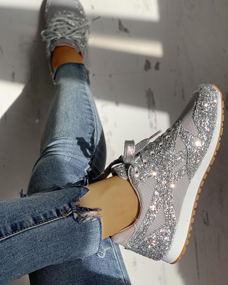

Solid Sequins Lace-Up Sport Sneakers, Gray