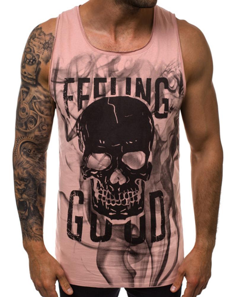 

Letter & Skull Print Sleeveless Tank Top, Pink