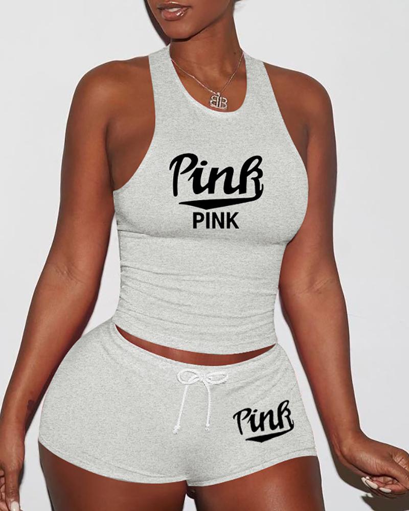 

Letter Print Tank Top & Drawstring Shorts Set, Gray