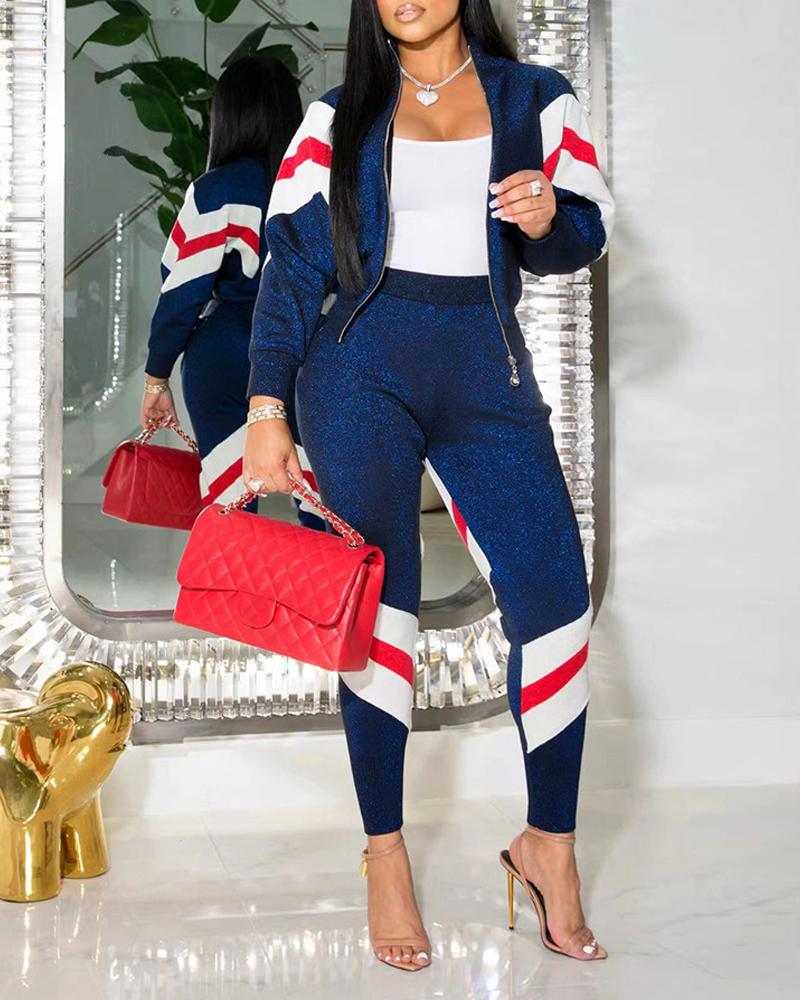 

Contrast Paneled Glitter Zip Up Top & Pants Set, Blue