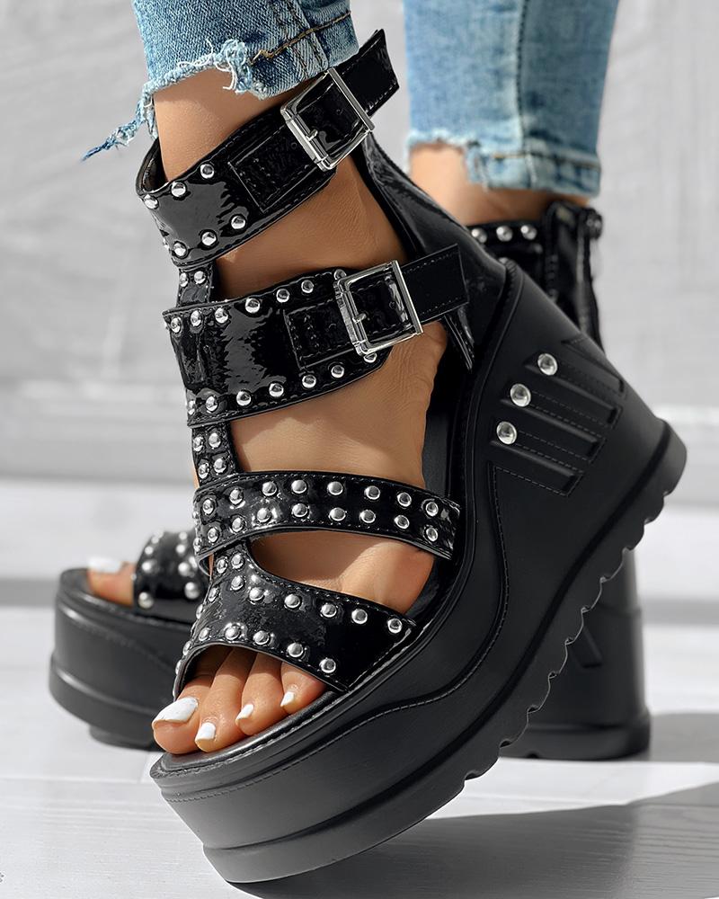 

Studded Buckled Hollow Platform Wedge Sandals, Black