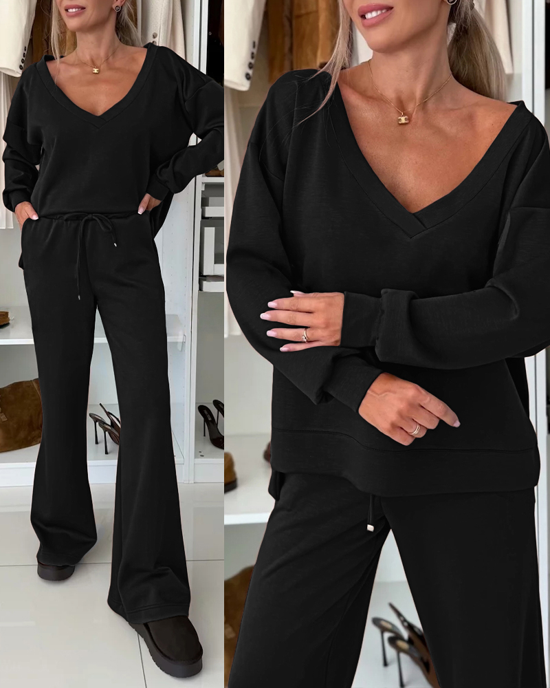 

2 Pieces Outfit Plunge V Neck Pullover Sweatshirt and Casual Drawstring Waist Wide Leg Pants Set, Black