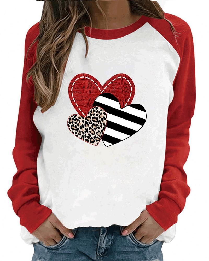 

Valentine's Day Long Sleeve Striped Heart Cheetah Print Top, Red