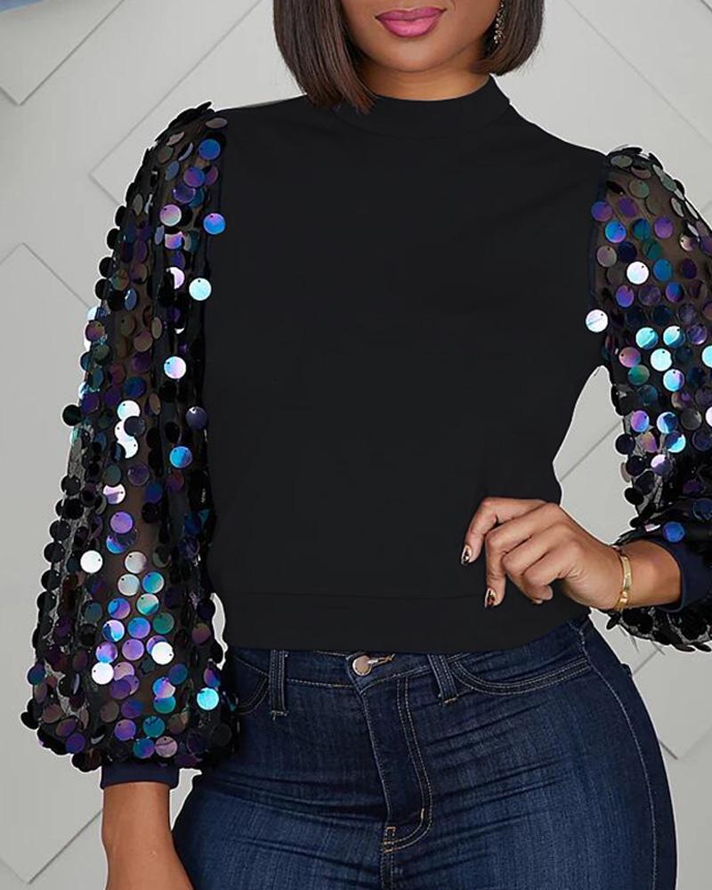 

Solid Patchwork Sequins Sleeve Women Blouse, Black