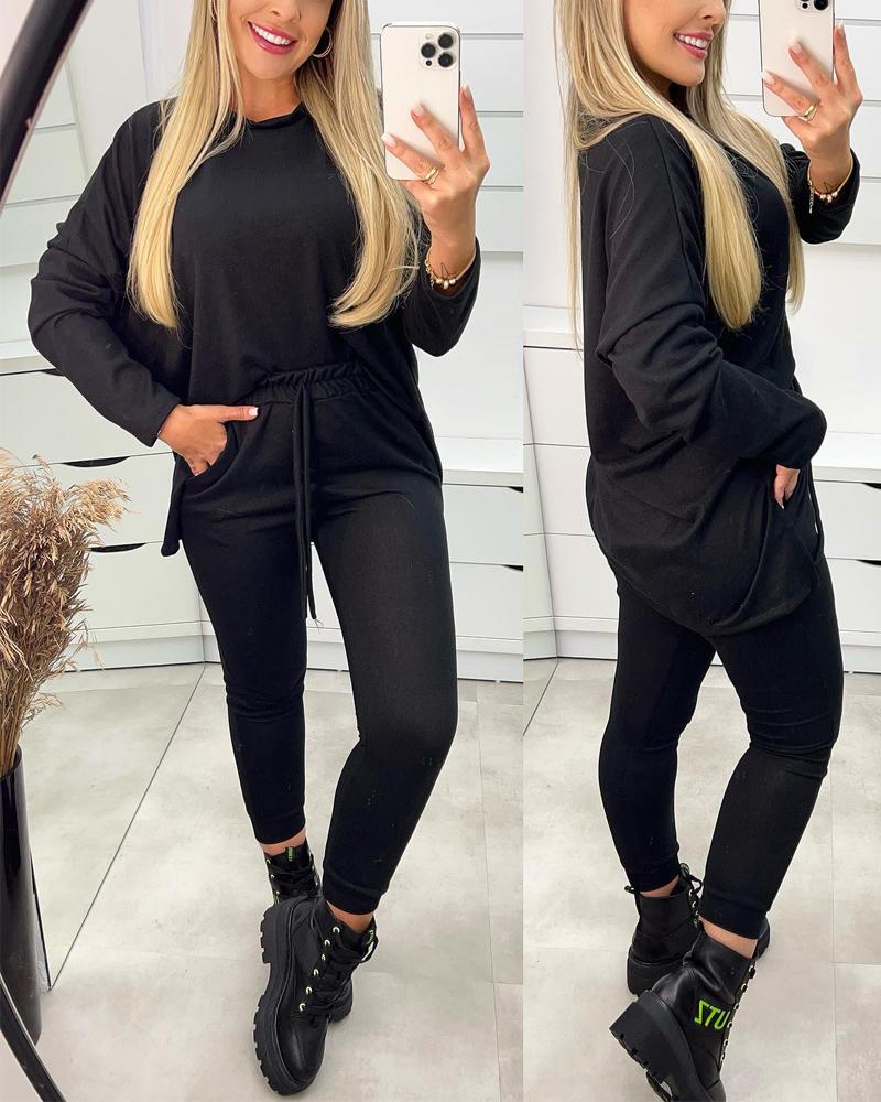 

Long Sleeve Top & Drawstring Pocket Design Pants Set, Black