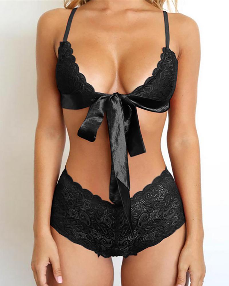 

Crochet Lace Ribbon Lingerie Set, Black