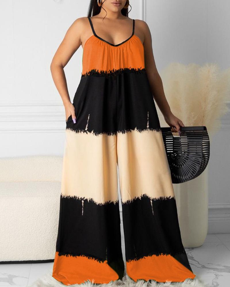 

Colorblock Pocket Design Ruched Wide Leg Jumpsuit, Orange