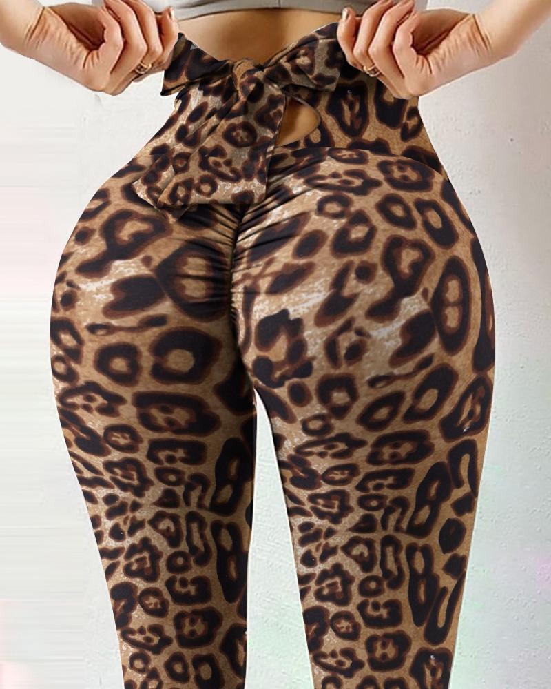 

Cheetah Print High Waist Bowknot Design Skinny Active Pants, Leopard