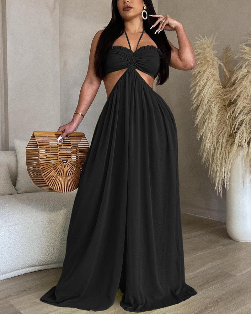 

Cutout Waist Wide Leg Flared Jumpsuit, Black