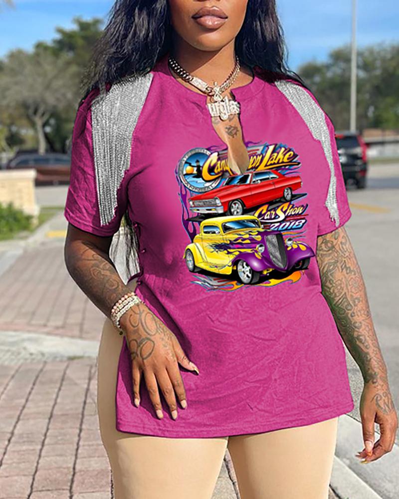 

Letter Car Print Tassel Decor Slit T-shirt, Pink