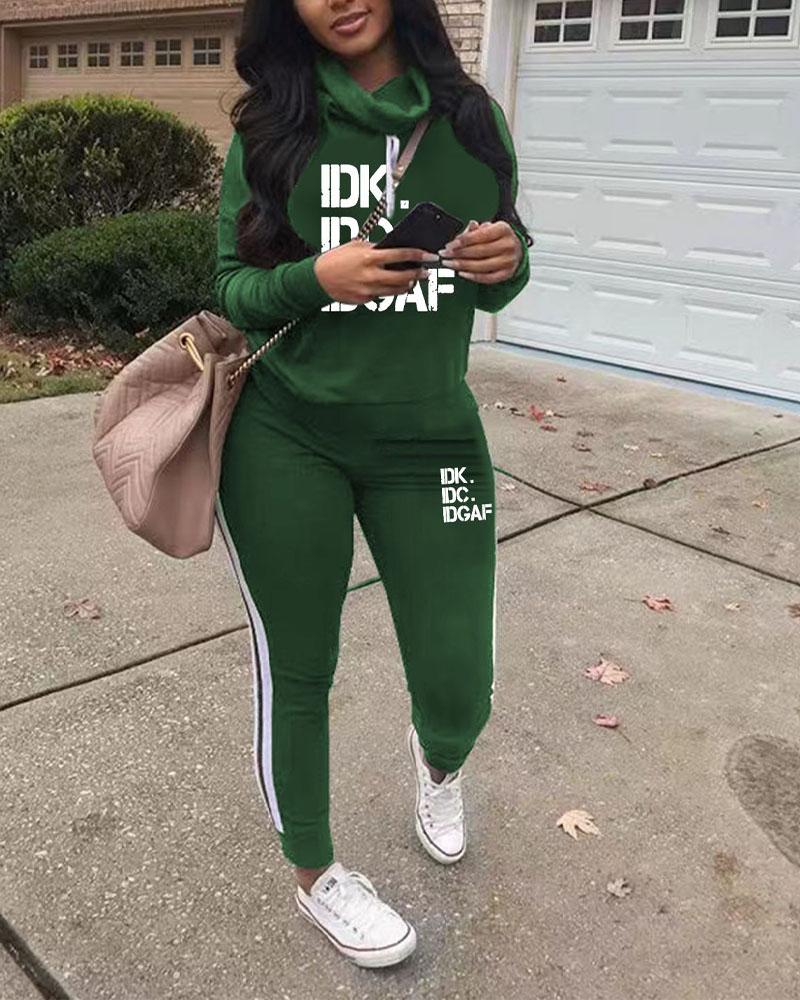 

Plus Size Letter Print Long Sleeve Casual Top & Pants Set, Green
