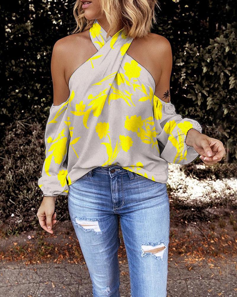 

Plants Print Crisscross Halter Cold Shoulder Top, Yellow