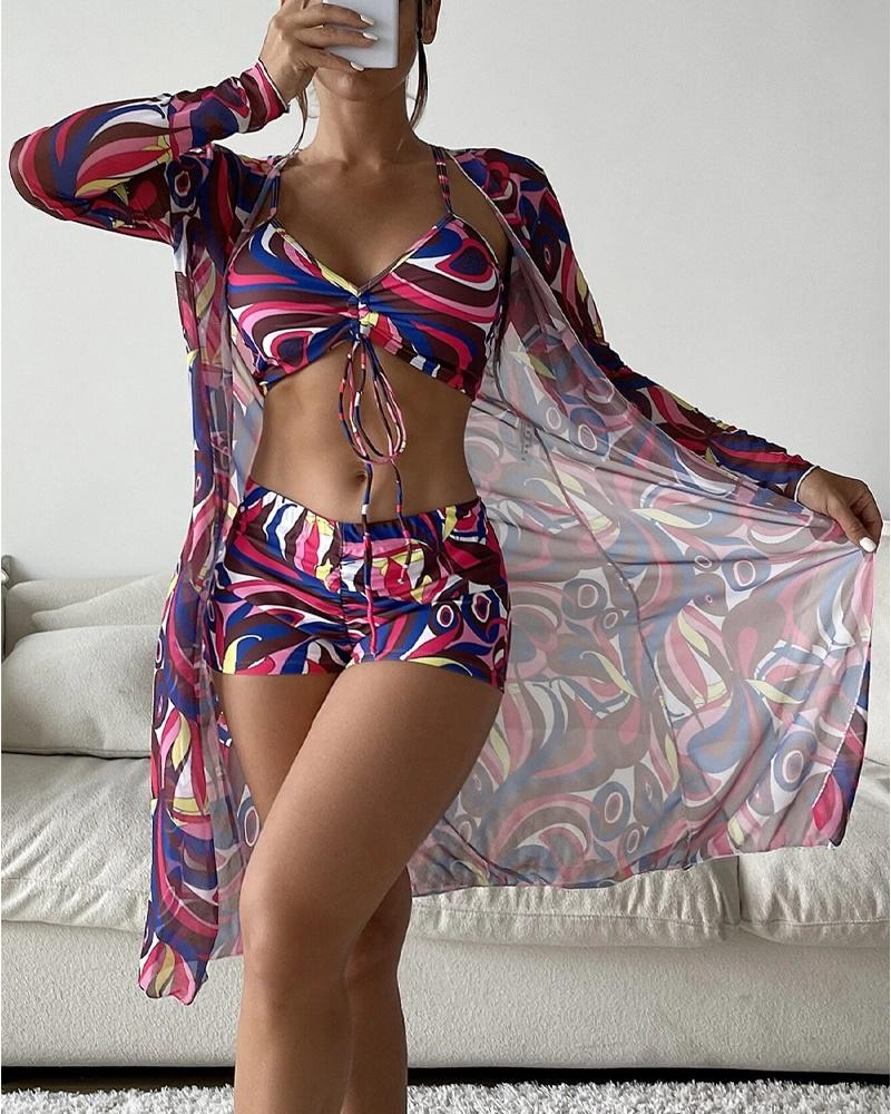 

3PCS Abstract Print Drawstring Ruched Bikini Set With Cover Up, Purple