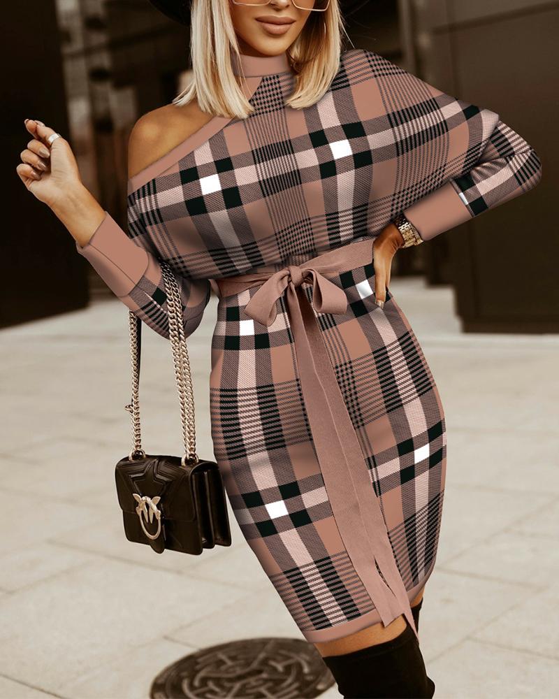 

Plaid Print Cold Shoulder Tied Detail Chocolate Bodycon Dress