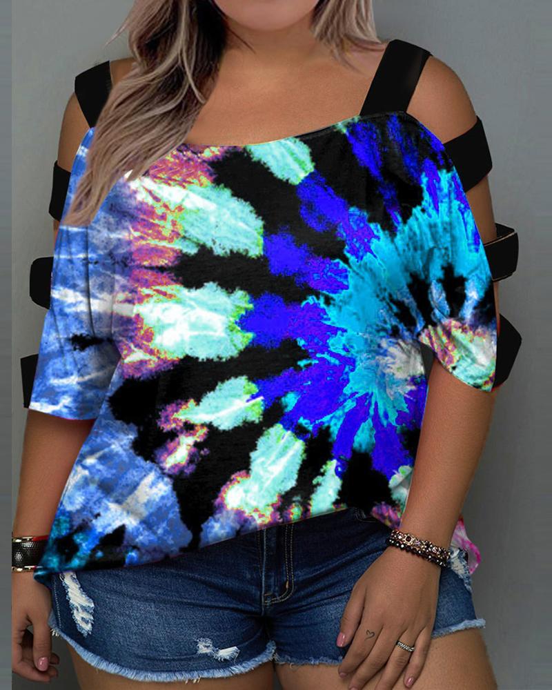 

Plus Size Tie Dye Print Cold Shoulder Top, Blue