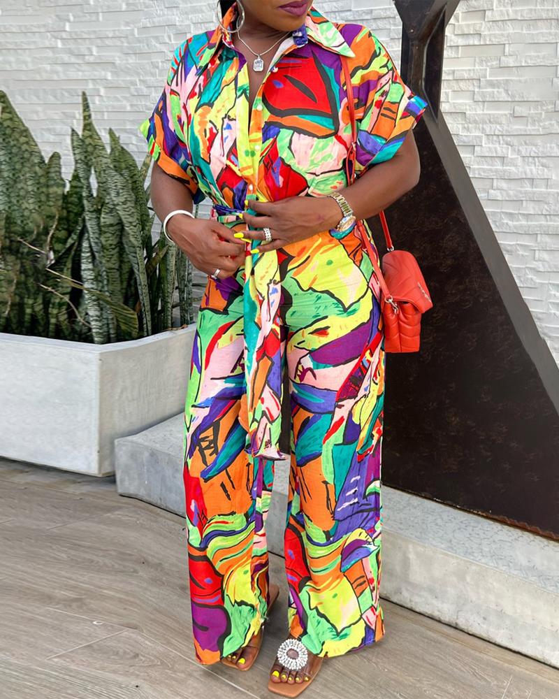 

Abstract Print Button Front Belted Jumpsuit, Multicolor