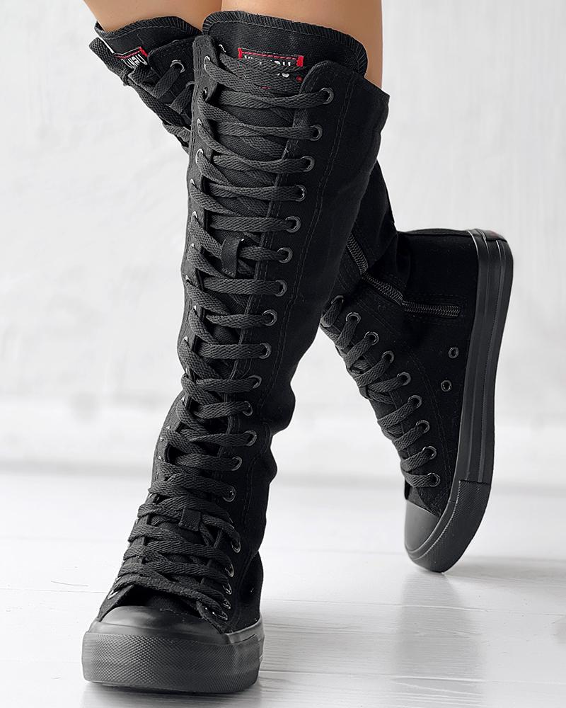 

Canvas Side Zipped Lace-Up Boots, Black