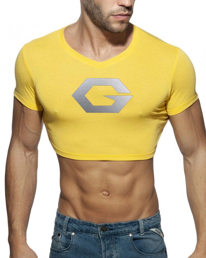 

Logo Print Short Sleeve Skinny Cropped Top, Yellow