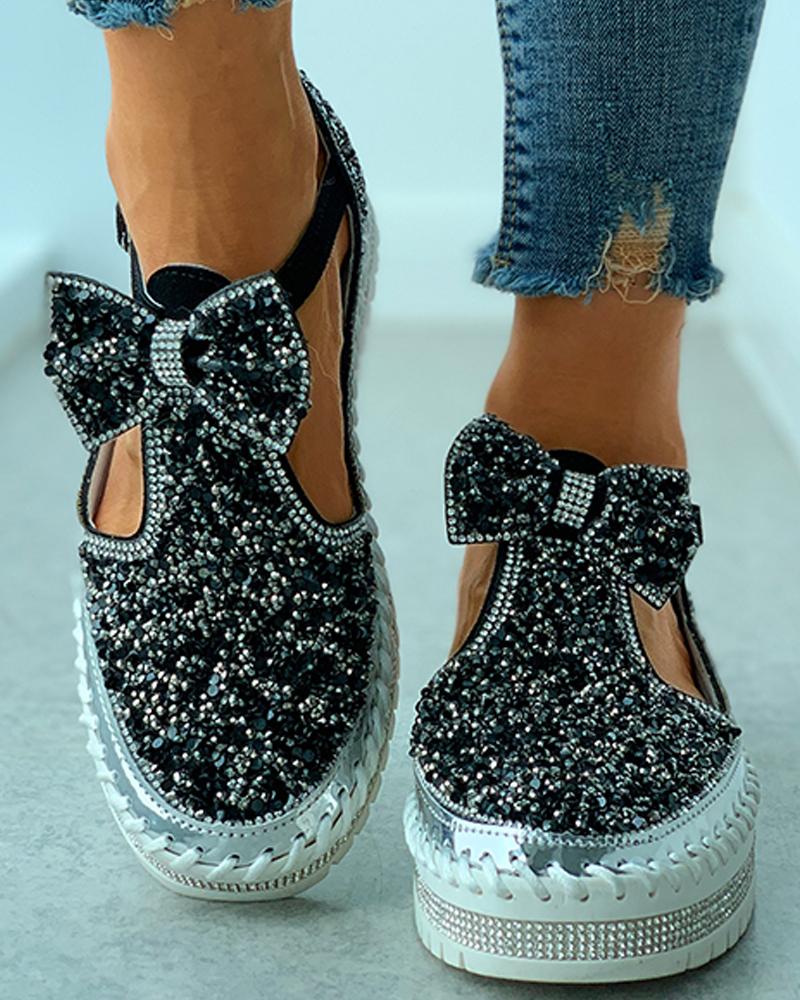 

Rhinestone Bowknot Cutout Casual Shoes, Black