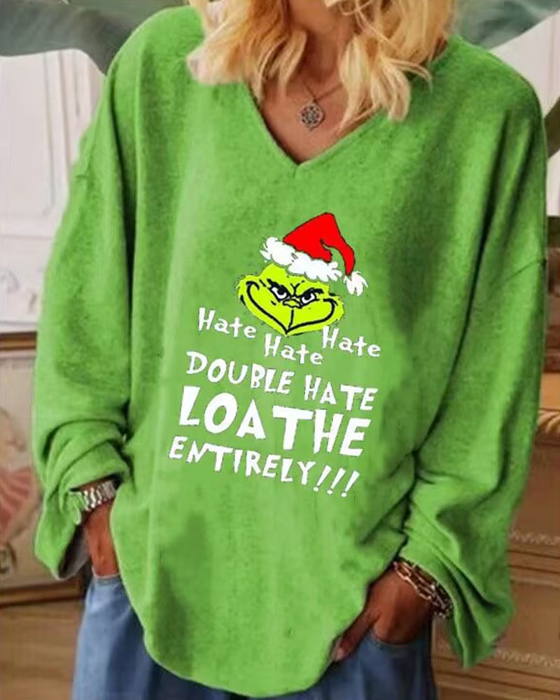 

Plus Size Grinch Stole Christmas Print Long Sleeve Top, Green