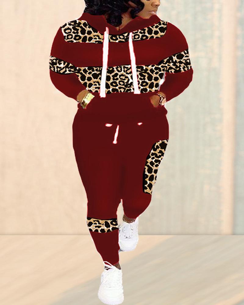 

Plus Size Leopard Print Long Sleeve Hoodie & Pants Set, Wine red