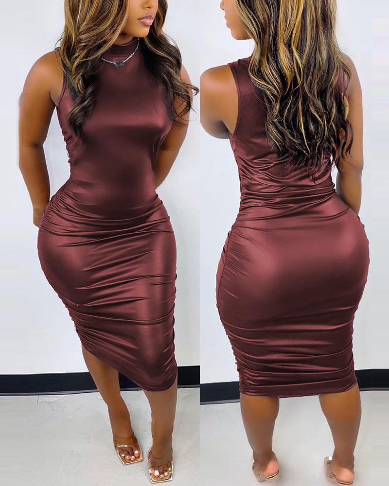 

PU Leather Sleeveless Ruched Bodycon Dress Plain PU Mock Neck Skinny Midi Dress, Wine red