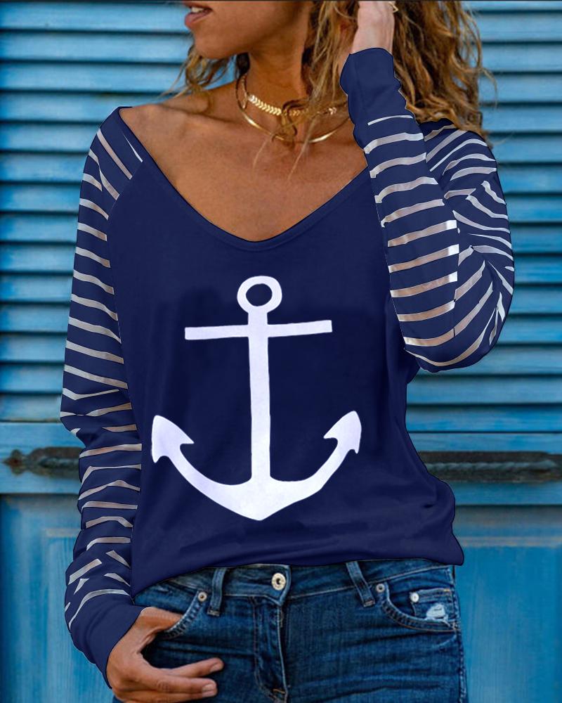 

Anchor Striped Print Casual T-shirt, Purplish blue